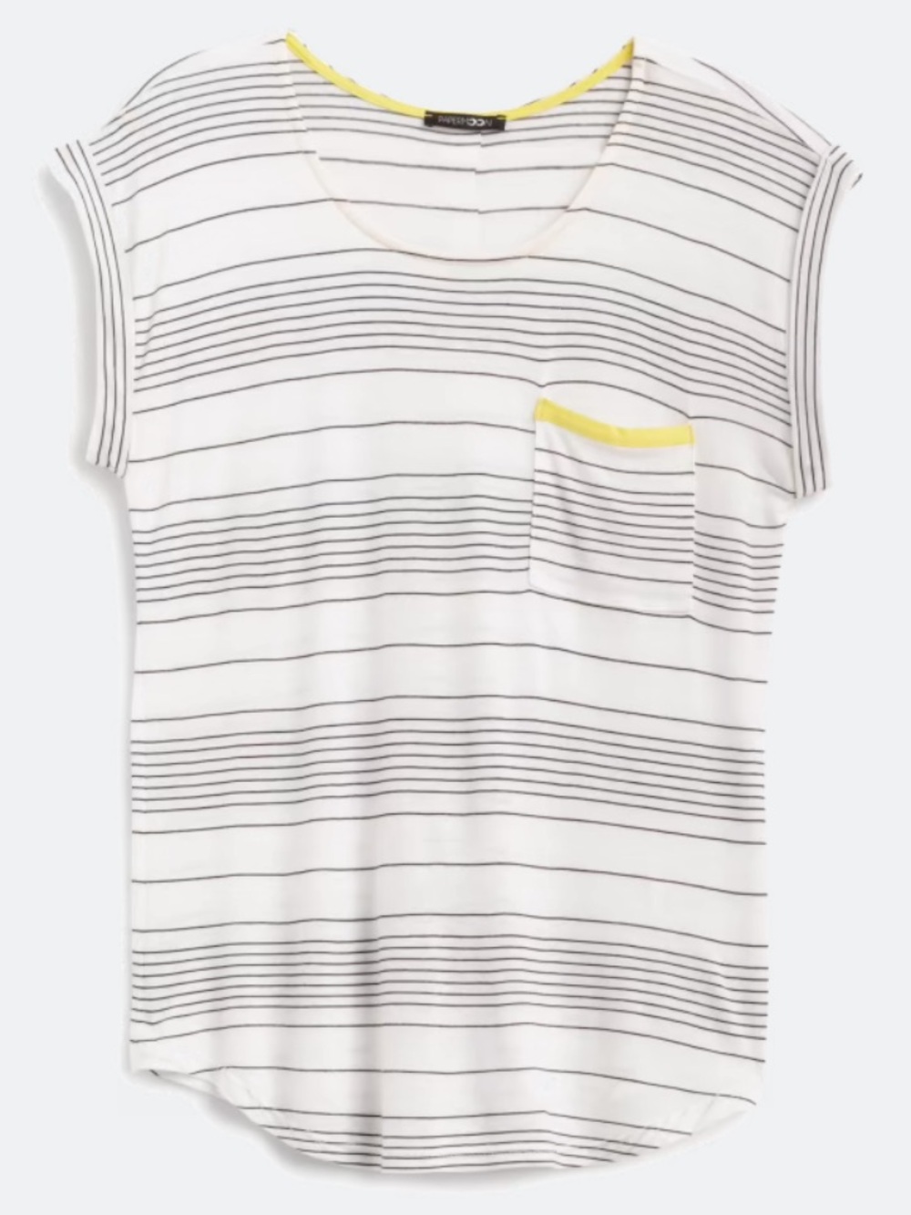 Papermoon White w/Black Stripes Short Sleeve Scoop Neck T w/Yellow Pocket Trim-S